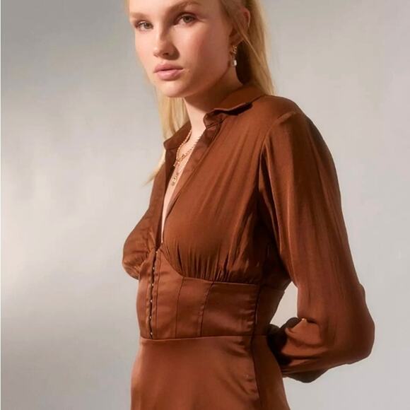 Urban Outfitters Phoebe Corseted Brown Shirt Dress Size Large - Picture 6 of 6